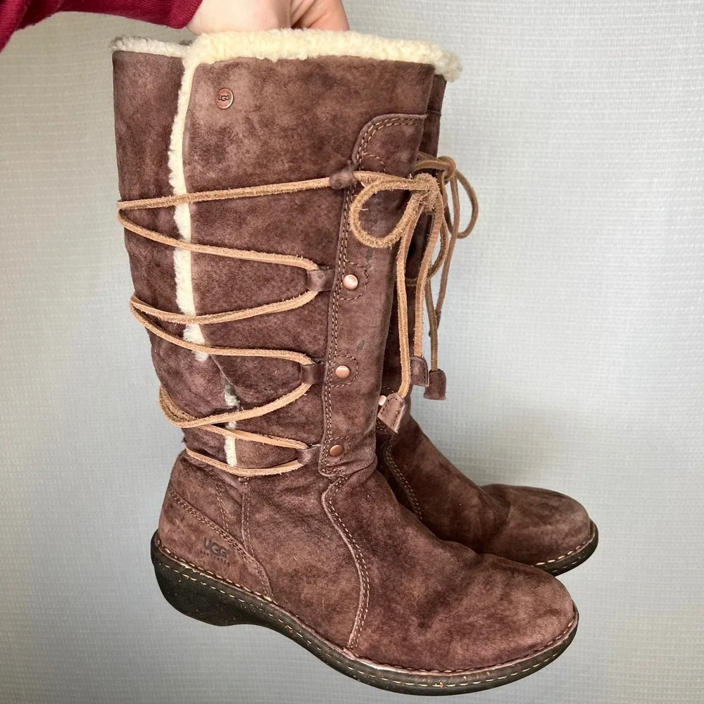 UGG Australia Sunburst Tall Chocolate Brown Suede Shearling Lace Up Boots Womens